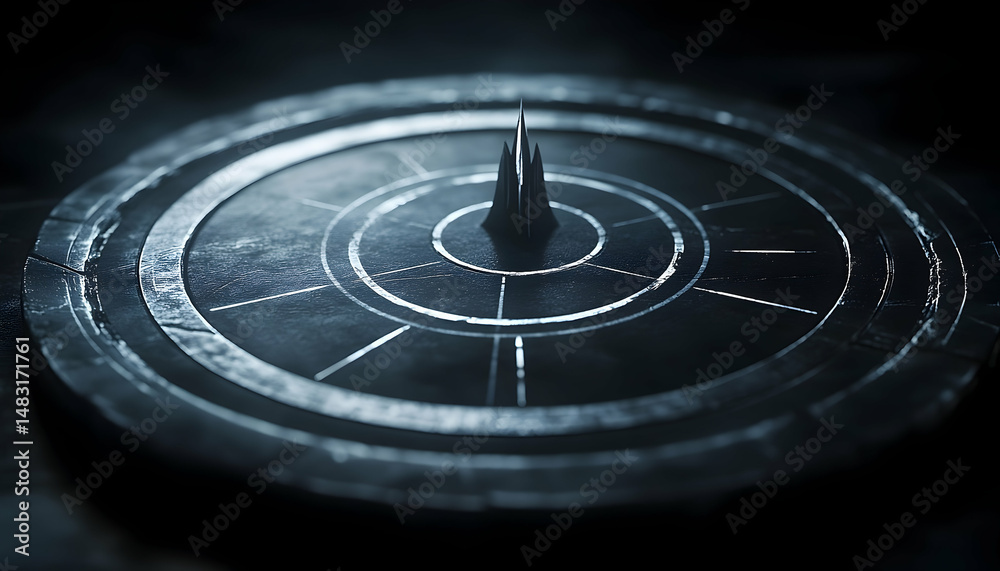Circular structure with a central spire, metallic sheen, and geometric patterns, emitting a sense of mystery and otherworldly presence Circular structure with a central spire, metallic sheen, and geometric patterns, emitting a sense of mystery and otherworldly presence