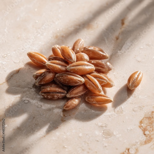 A close-up shot of farro grains on a light-colored marble surface, illuminated by soft sunlight.