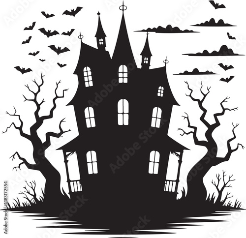 Haunted house with bats and spooky trees, Halloween silhouette of creepy ghost mansion in eerie dark forest scene
