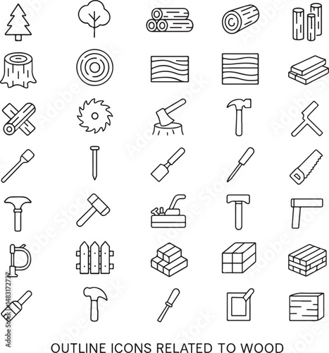 Wood Outline Icon Set — Linear Editable Stroke Vector Collection of Timber, Lumber, Woodworking Tools, and Forestry Symbols (AI, EPS, PNG, JPEG)

