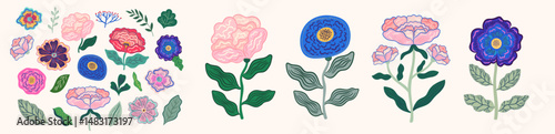 Beautiful romantic flower collection with roses, leaves, floral bouquets, flower compositions