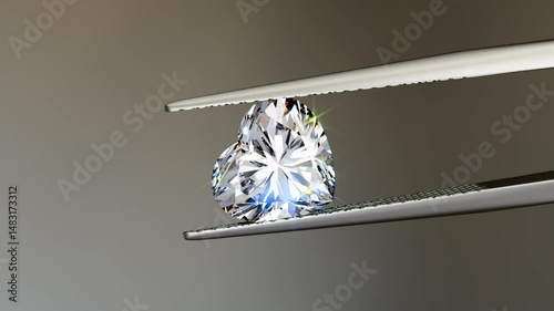 Heart cut diamond swaying in tweezers on beige background. 3D seamless animation