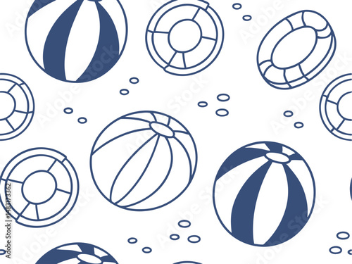 Seamless summer pattern with beach balls and lifebuoys in blue outline style. Fun and playful design for aquatic themes. Ideal for swimwear, wrapping paper, and seasonal projects.