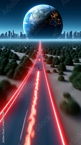Futuristic motorcycles race toward a glowing globe, leaving red light trails in a neon cyberpunk world. Fast motion, vivid colors, and cinematic energy create a bold sci-fi visual.