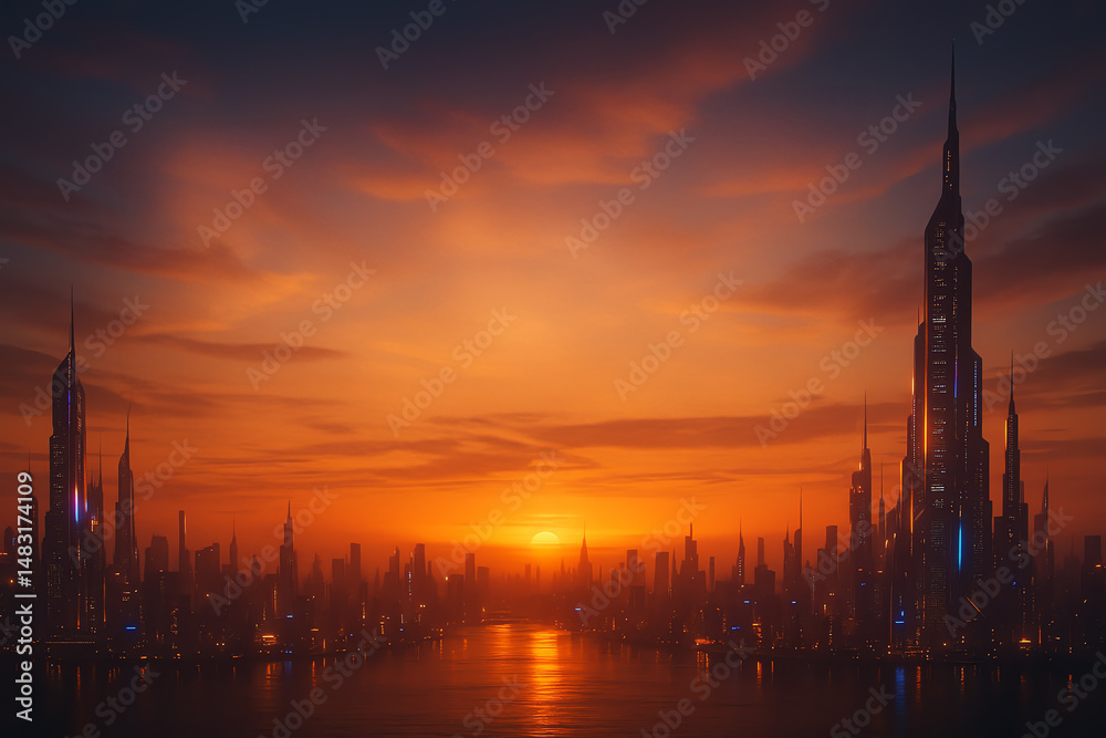 Obraz premium A glowing futuristic city skyline at sunset, soft golden neon glow, epic inspirational atmosphere