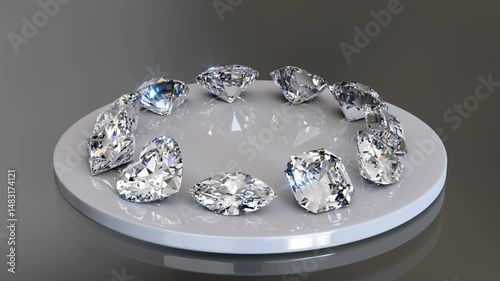 Eleven diamonds of popular cut styles rotating on white glossy porcelain plate on gray background. 3D seamless animation