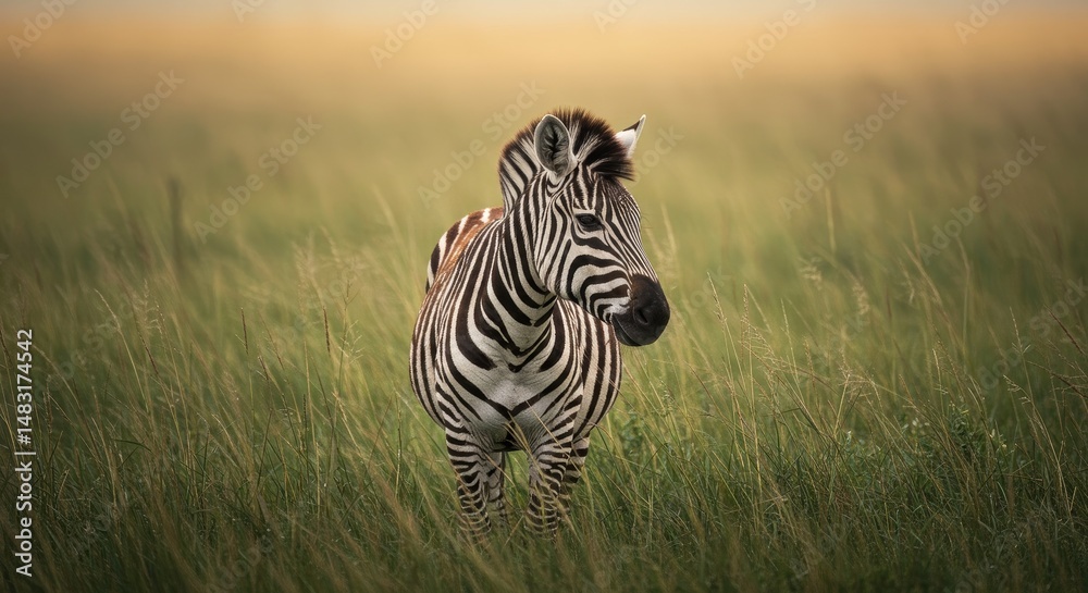 Fototapeta premium Zebra in Tall Grassland - A lone zebra stands amidst tall, green grass, its stripes contrasting beautifully against the natural background