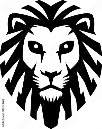 A bold black silhouette of a lion's head, designed with fierce eyes and a striking segmented mane, conveys power and intensity against a white background.
