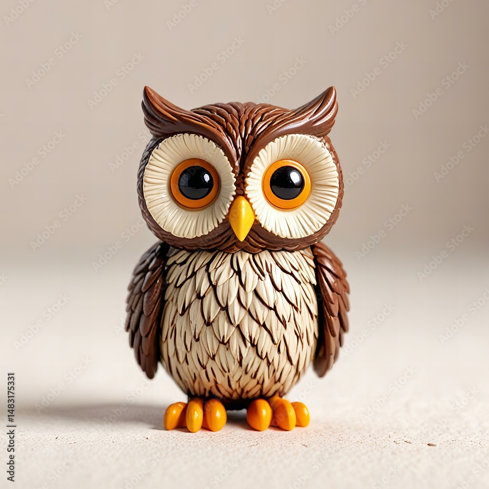 Naklejka premium Photo Cute owl, plastic toy, minimalistic model, isolated on white background.