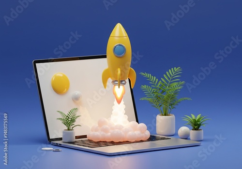 青背景 元気な黄色ロケット PCから発射
