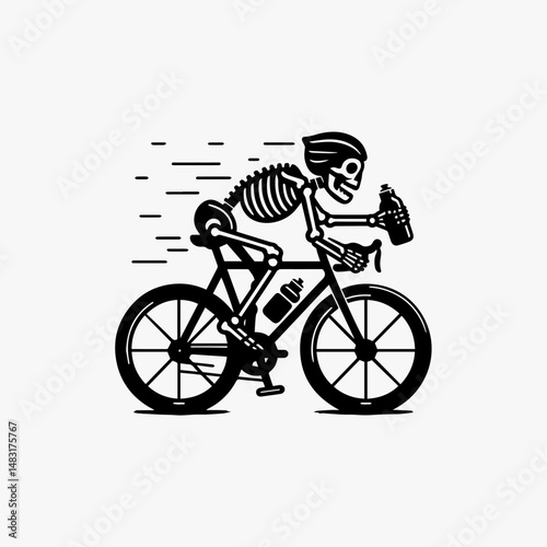 Dynamic skeleton character vigorously riding detailed bicycle with visible mechanical components sport vector logo