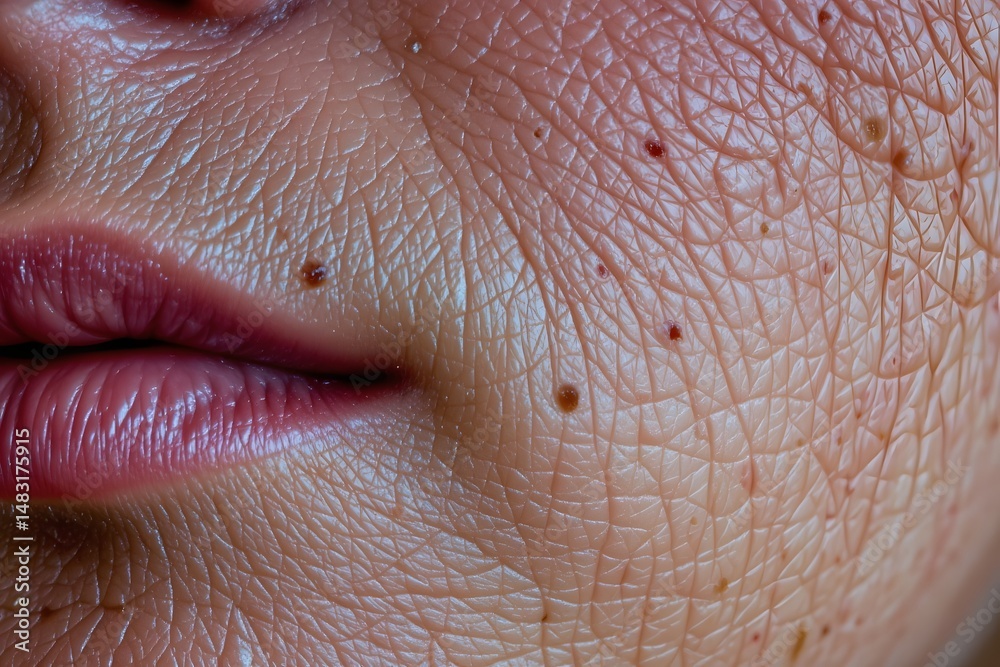 Fototapeta premium Close-up Wrinkled Skin: A close-up of a person's face, showcasing the texture of wrinkled skin and freckles. This photo captures the natural beauty of aging.