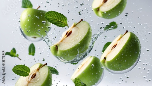 Several juicy green apple slices float in the air with water droplets and mint leaves around them.