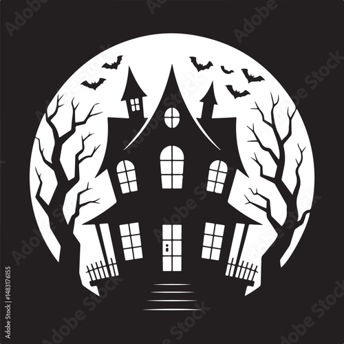 Black silhouette of a haunted house with bats and moon, representing horror, mystery, and Halloween in minimalist vector