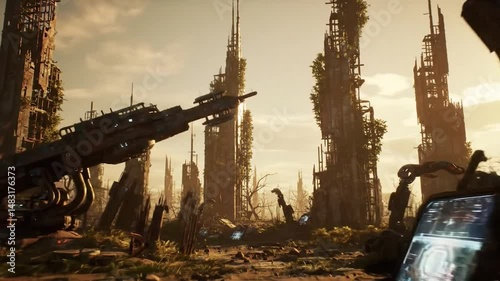 Post-apocalyptic wasteland with ruins and lost tech. Cinematic dystopian landscape with abandoned technology. Sci-fi ruins of a fallen futuristic civilization.