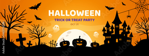 Happy Halloween landscape poster banner, black scary castle silhouette on orange background, full moon, cemetery, pumpkins and ghosts. Vector illustration. Witch haunted house graveyard, spider web