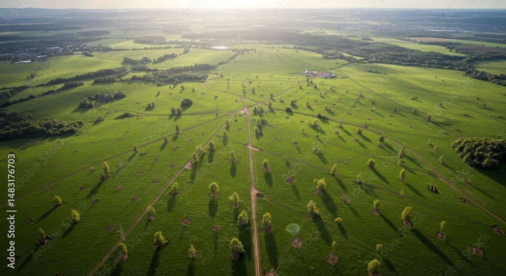 Fototapeta premium Aerial View of Reforestation Project on Green Land - Aerial view showcasing a reforestation initiative, symbolizing environmental sustainability, conservation efforts, nature restoration
