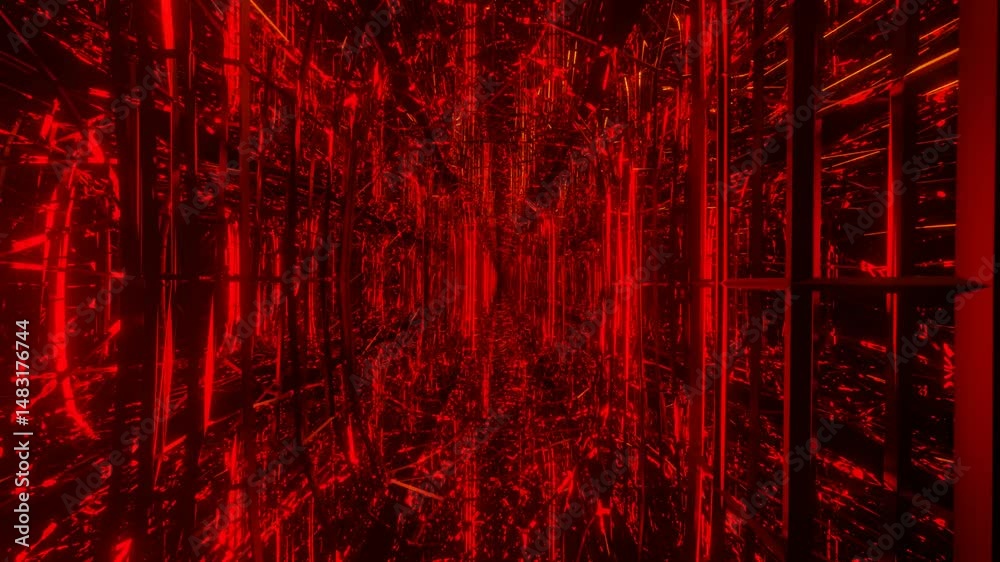 endless forward movement inside abstract tunnel of red flashing grid. 3d render looped animation