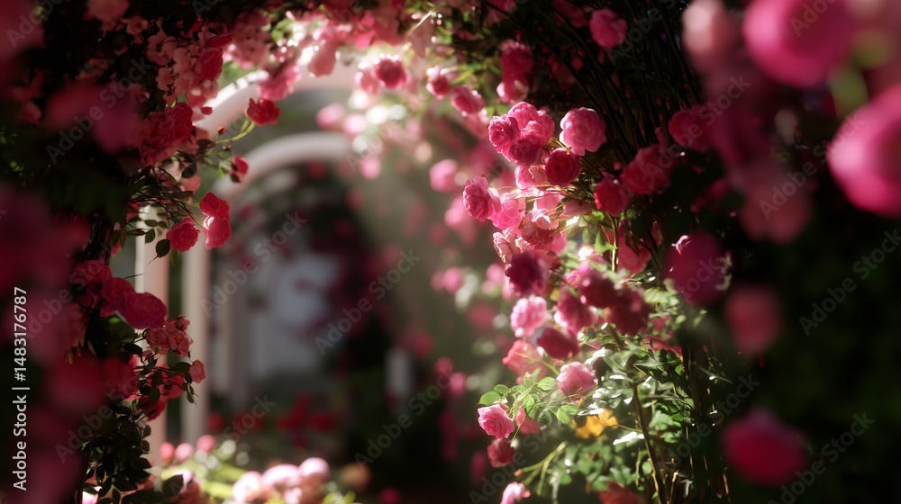 Blooming roses create an enchanting pathway in a sunlit garden during the early morning hours