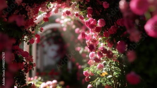 Obraz na płótnie Blooming roses create an enchanting pathway in a sunlit garden during the early morning hours w salonie