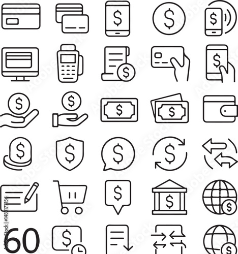 Payment Methods Outline Icon Set — Linear Editable Stroke Vector Collection of Digital and Traditional Payment Icons (AI, EPS, PNG, JPEG)

