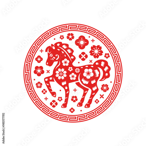 Chinese Happy New Year 2026 poster circle emblem. Red Horse logo silhouette icon, on white background. Vector illustration. Astrology China lunar frame, calendar animal symbol, label. Place for text