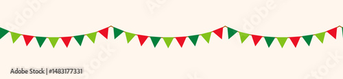 Christmas and New year color retro buntings garlands isolated on white background. Vector illustration. Seamless happy birthday banner, green fiesta border, red carnival holiday header