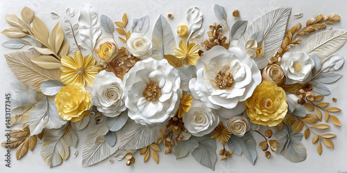 Intricate white and gold floral paper sculpture display