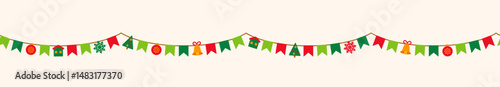Christmas and New year cute bunting flag garland isolated on white background. Vector illustration. Seamless holiday banner, green red fiesta border. Cute Xmas icons, winter funfair carnival poster