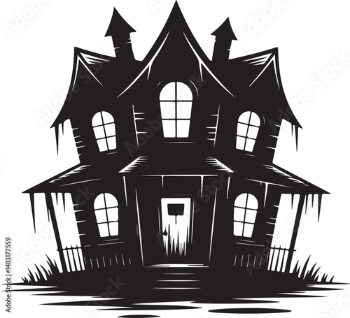 Black silhouette of a haunted house with eerie shadows, representing horror, ghosts, and Halloween in minimalist vector style