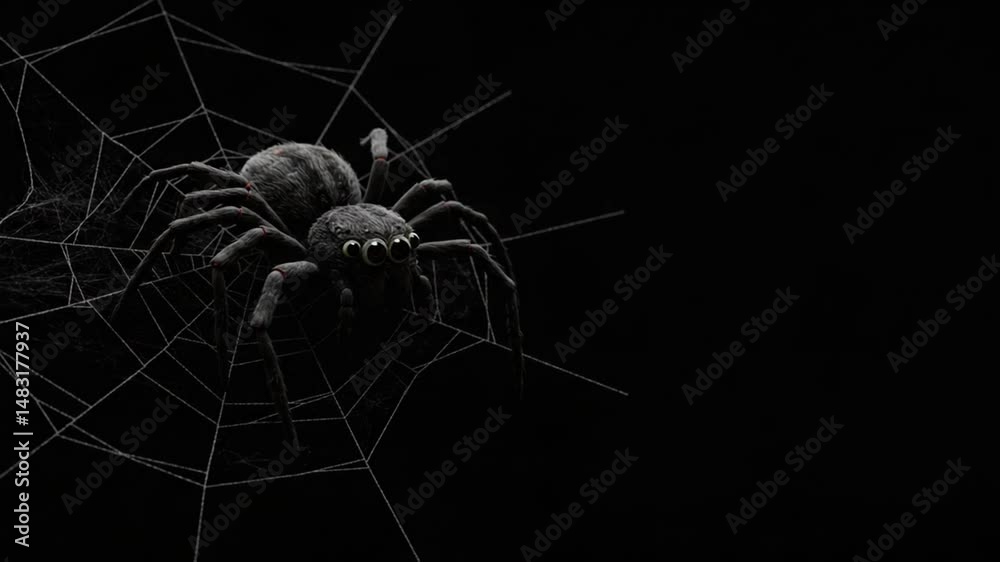 A large spider sitting centered in its weaved web on a black background