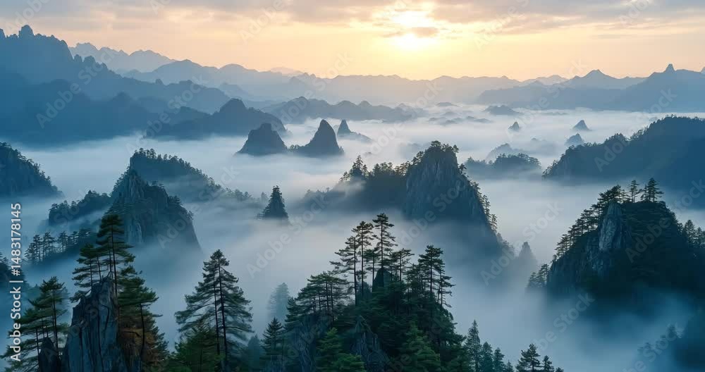 custom made wallpaper toronto digitalMisty mountain valley at sunrise. The establishing shot shows a breathtaking view.