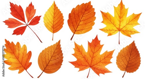 Autumn Leaves Collection - Watercolor illustration of eight autumn leaves in various shapes and shades of orange and red, isolated on white. Perfect for fall designs
