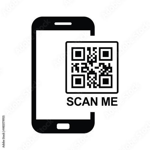 Top-down view of a centered black smartphone silhouette with QR code and bold "SCAN ME" text. Minimalist flat design in black and white, sans-serif font. Neutral, functional for scanning instructions.