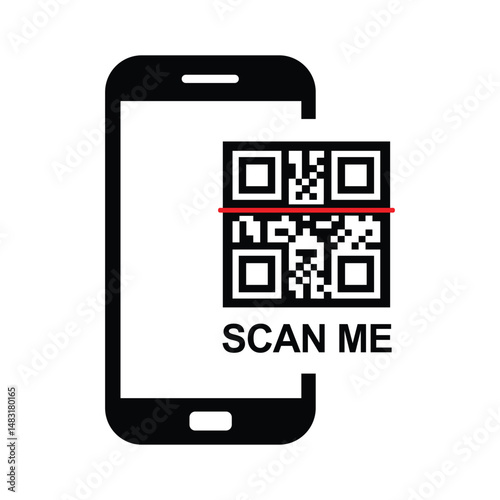 Top-down view of a centered black smartphone silhouette with QR code and bold "SCAN ME" text. Minimalist flat design in black and white, sans-serif font. Neutral, functional for scanning instructions.