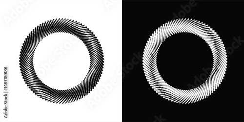 Modern abstract background. Halftone dots in circle form. Spiral logo, icon or design element. Black dots on a white background and white dots on the black side dotted arts