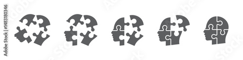 Set of human heads with puzzles icons. Puzzle human face, mental health, logical thinking, idea, business, business project. Vector.