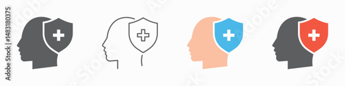 Set of mental health icons. Mental health protection symbol, human head, shield, cross, medicals, psychotherapy. Vector. EPS10.