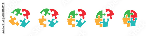 Set of human heads with puzzles icons. Puzzle human face, mental health, logical thinking, idea, business, business project. Vector.