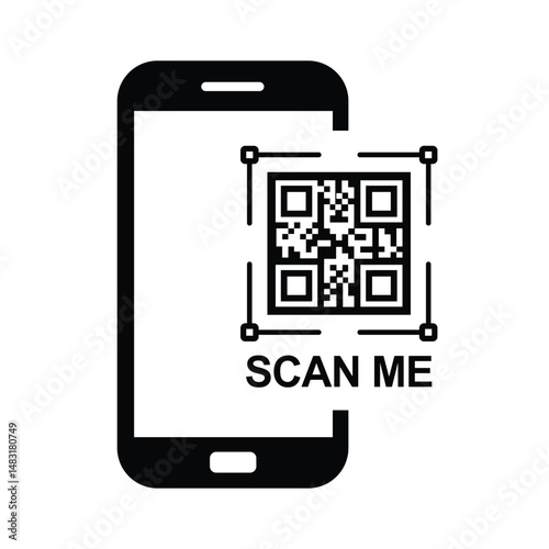 Top-down view of a centered black smartphone silhouette with QR code and bold "SCAN ME" text. Minimalist flat design in black and white, sans-serif font. Neutral, functional for scanning instructions.