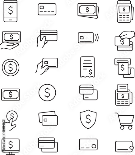 Payment Methods Outline Icon Set — Linear Editable Stroke Vector Collection of Digital and Traditional Payment Icons (AI, EPS, PNG, JPEG)

