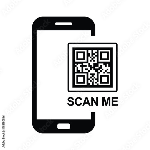 Top-down view of a centered black smartphone silhouette with QR code and bold "SCAN ME" text. Minimalist flat design in black and white, sans-serif font. Neutral, functional for scanning instructions.