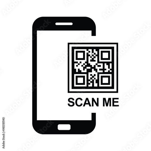 Top-down view of a centered black smartphone silhouette with QR code and bold "SCAN ME" text. Minimalist flat design in black and white, sans-serif font. Neutral, functional for scanning instructions.