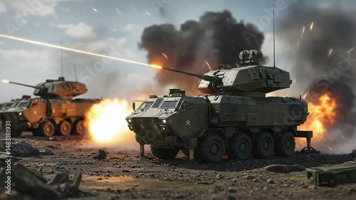 All terrain military vehicle launches laser against explosive backdrop