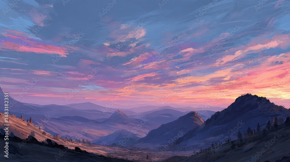 Naklejka premium Mountain valley at sunset, serene landscape painting