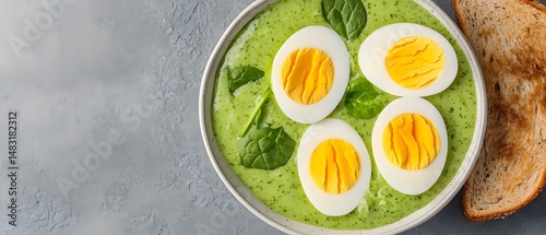 Wallpaper Mural A bowl of green spinach soup topped with sliced hard-boiled eggs, accompanied by slices of toasted bread on a gray textured surface. Torontodigital.ca