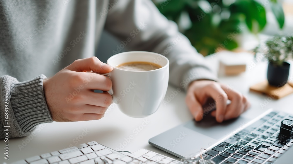 Person enjoying coffee while working on a laptop in a cozy indoor setting during the morning