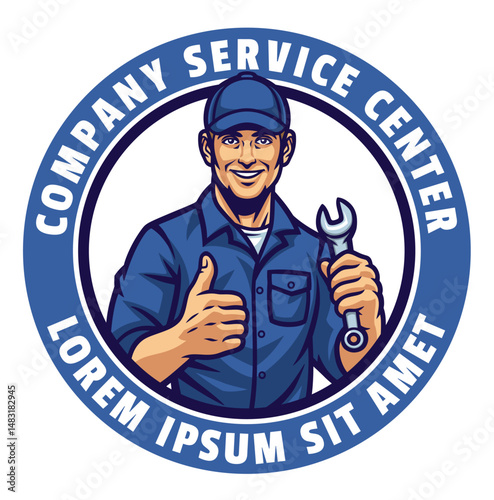 Service center logotype design with man technician holding spanner in his hand. 