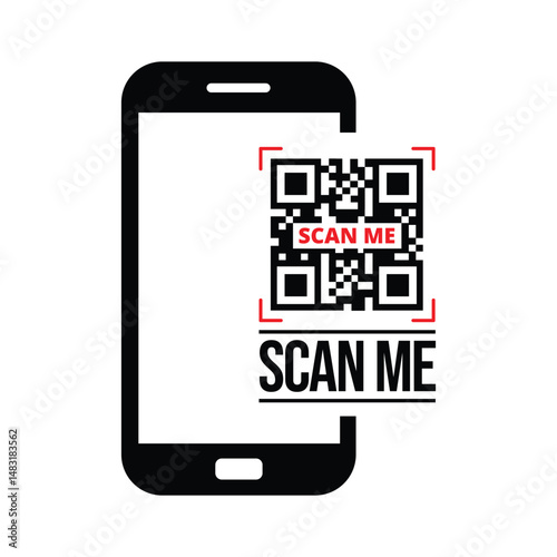Stylized smartphone vector illustration with red-outlined QR code and 'SCAN ME' text. Black, white, and red minimalist design. Clean, modern graphic for tech, marketing themes.