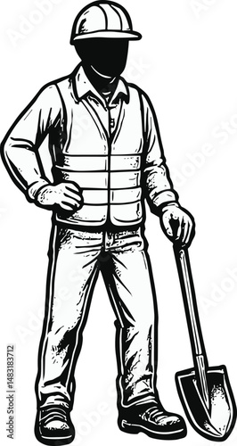Black-and-white illustration of a construction worker in safety gear holding a shovel over his shoulder, symbolizing manual labor, construction work, and industrial strength